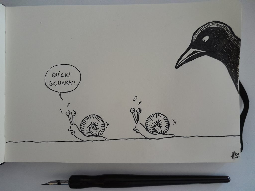 Two snails try to flee from a big bird. "Quick! Scurry!" one of them says. They look scared.