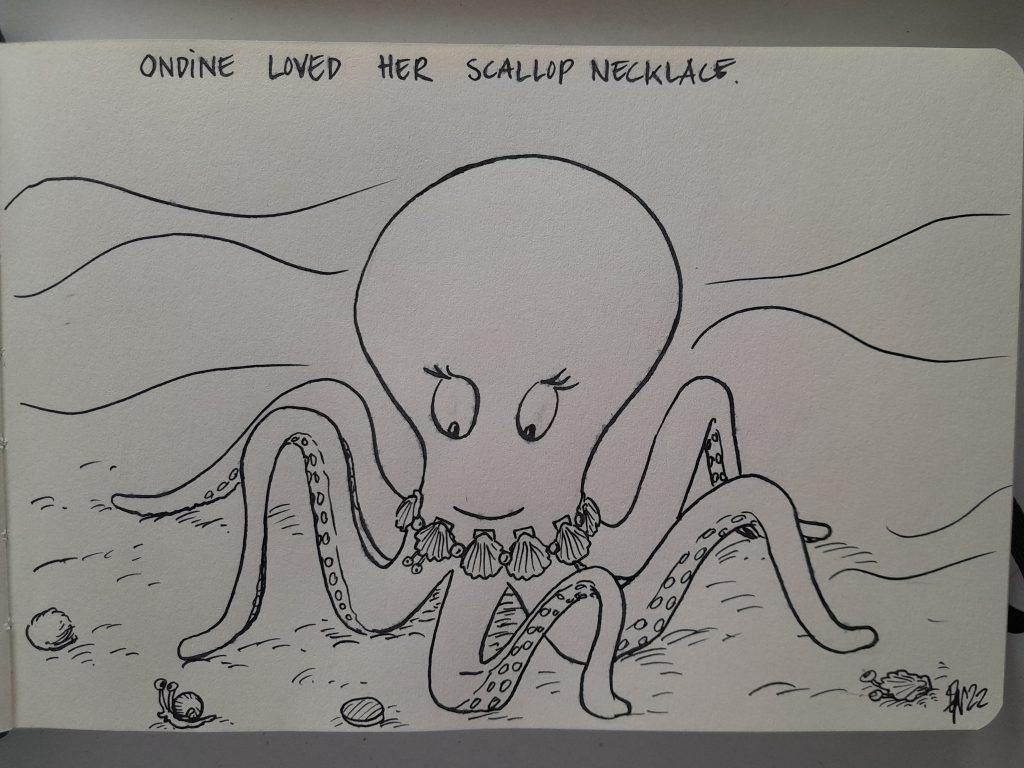 An octopus with a necklace made of scallop shells. She looks happy. Text above image: 'Ondine loved her scallop necklace'. 